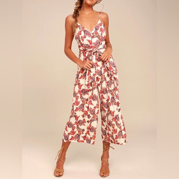 Pants - FREE PEOPLE | Hot Tropics beige/red multi floral wide leg cropped jumpsuit